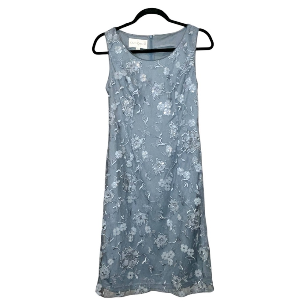 Oleg Cassini Elegant Sequence Short Sleeveless Floral Blue Dress Size 6